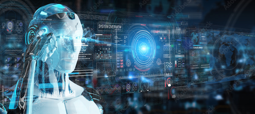 Fototapete white humanoid robot using digital technological interface with datas 3d rendering