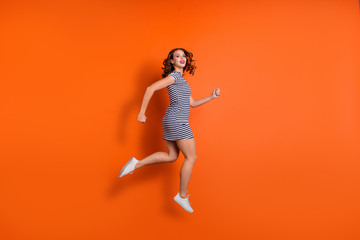 Fototapeta na wymiar Full length size body photo of single cute elegant nice glad optimistic funny funky dreamy she her lady showing motions in air isolated vivid background