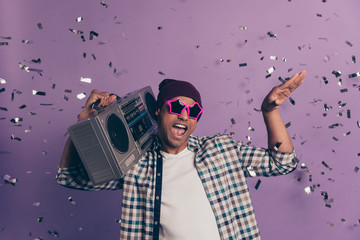 Photo portrait of crazy funny funky cheerful having free time student millennial making noise...