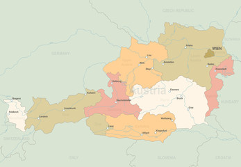 Austria colored map - highly detailed vector map with states, rivers and cities