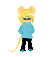 Cartoon rat in winter overalls. Year of the rat. Chinese horoscope. Beauty mouse. 