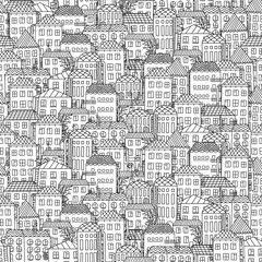 Seamless small town landscape print. Vector monochrome illustration on light background. Original urban pattern. ESP10.