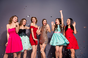 Portrait of nice-looking trendy elegant lovely charming attractive gorgeous chic stunning slim fit thin cheerful ladies having fun buddy fellow isolated on violet gray background wall © deagreez