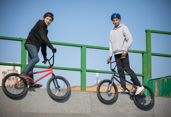 Two men on bicycle riding in the skatepark