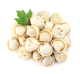 Raw dumplings on white background, top view. Home cooking