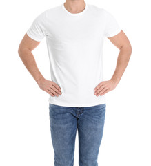 Obraz premium Young man on white background, closeup. Weight loss