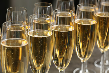 Many glasses of champagne, closeup. Festive drink
