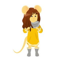 Isolated cartoon rat in a yellow dress and a gray scarf. Year of the rat. Chinese horoscope. Beauty mouse. 