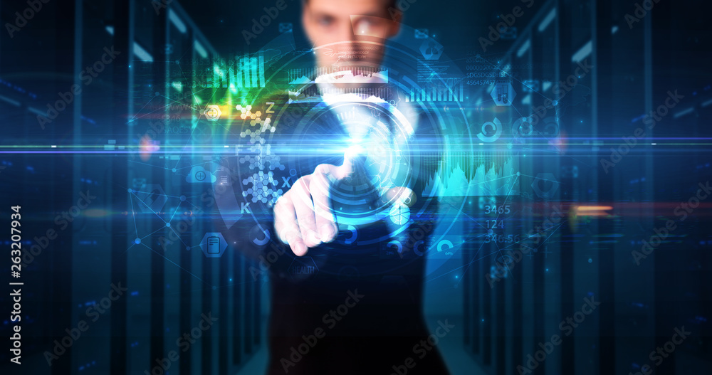 Poster Man touching hologram screen displaying medical symbols and charts
