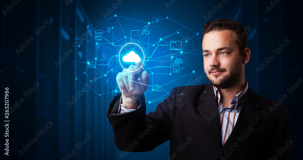 Poster Man touching hologram projection displaying cloud system 
