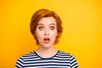 Close up photo beautiful amazing she her lady oh no eyes mouth widely opened unexpected news wearing casual striped white blue t-shirt outfit clothes isolated yellow bright vibrant background