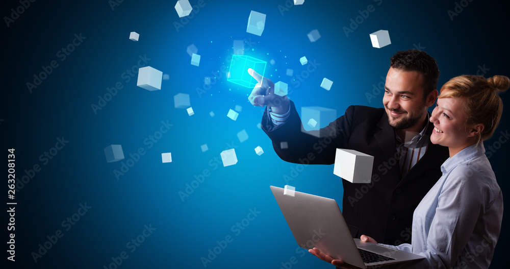 Poster man and woman touching hologram screen displaying cube symbols