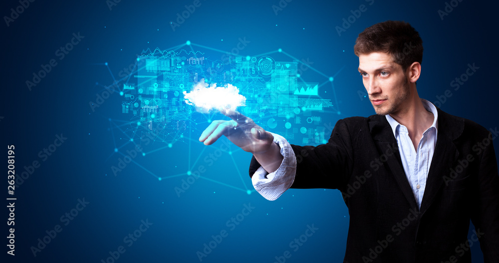 Aufkleber Man touching hologram projection displaying information from cloud based system
