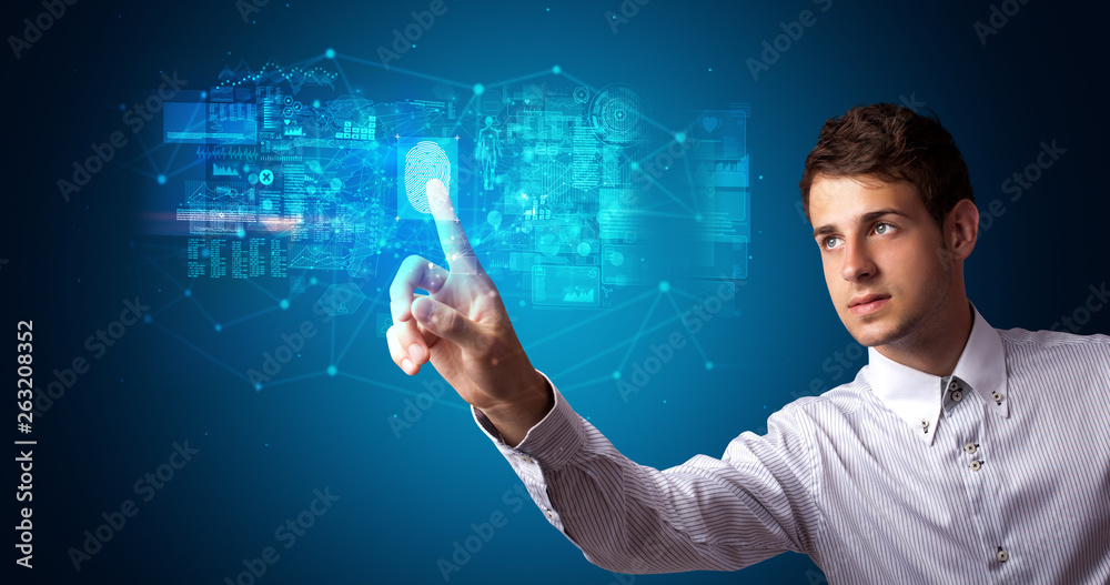 Aufkleber Man accessing modern hologram personal database with fingerprint identification
