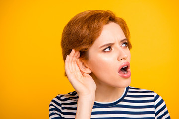 Close up photo beautiful amazing she her lady hand arm raised to ear listening novelty chatterbox...