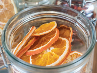 glass jar with dried fruit for cocktails and beverage decoration