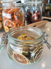 glass jar with dried fruit for cocktails and beverage decoration