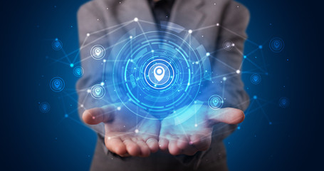 Young person holding hologram screen displaying security infomartions
