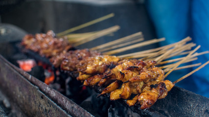Satay or sate is an Indonesian and Malaysian dish consisting of small pieces of meat grilled on a skewer and served with a spiced sauce that typically contains peanuts.