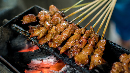 Satay or sate is an Indonesian and Malaysian dish consisting of small pieces of meat grilled on a skewer and served with a spiced sauce that typically contains peanuts.