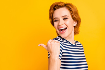 Close up photo beautiful amazing she her lady eyes closed hand arm finger point empty space look...
