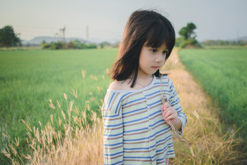  little girl playing in the wheat field 