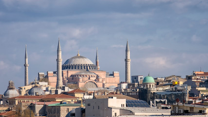 Fototapeta na wymiar Telephoto Of Hagia Sophia And Apartments, Istanbul, Turkey