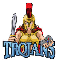 A Spartan or Trojan woman or gladiator female warrior gamer mascot with video games controller