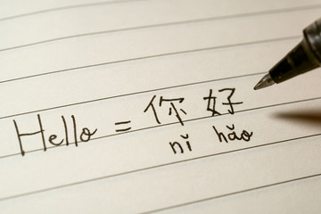 Beginner Chinese language learner writing Hello word Nihao in Chinese characters and pinyin on a notebook