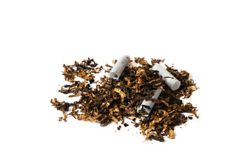 tobacco and  broken cigarettes on white background