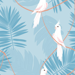 Exotic seamless pattern with a parrot and tropical leaves. Beautiful White Corella on the vine.