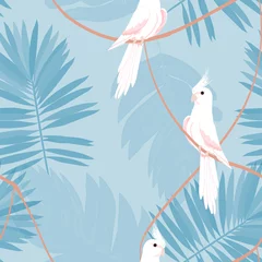 Foto op Plexiglas Papegaai Exotisch naadloos patroon met een papegaai en tropische bladeren. Mooie Witte Corella op de wijnstok.
