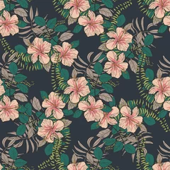 Fotobehang Tropical pattern with hibiscus flowers and leaves on a dark background. Floral background. © Natallia