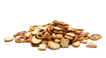 Salty cracker pretzel party mix isolated on white background