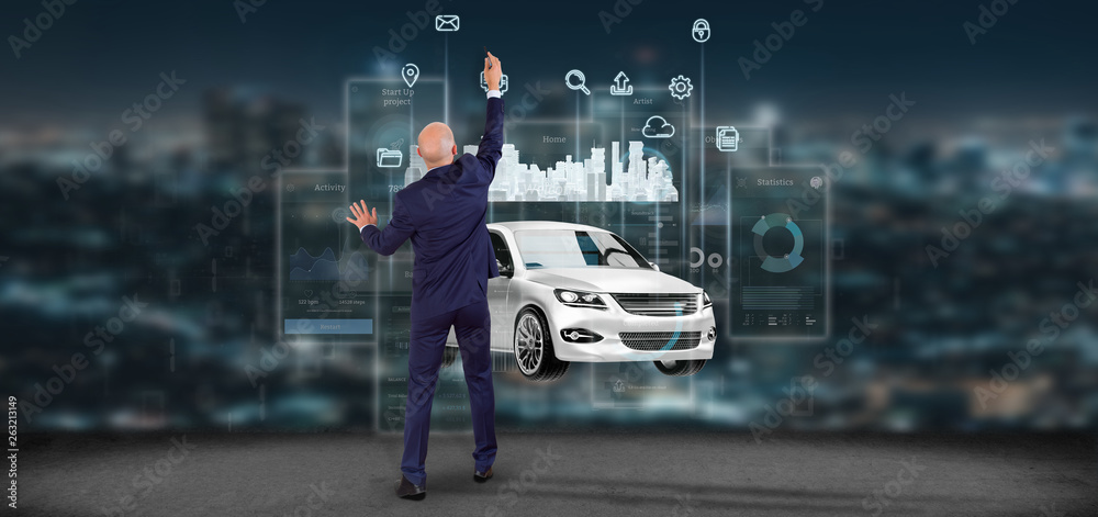 Poster businessman in front of a wall with dashboard smartcar interface with multimedia icon and city map o