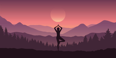 girl makes yoga tree figure in the mountain landscape view vector illustration EPS10