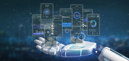 Cyborg hand holding User interface screens with icon, stats and data 3d rendering