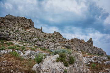 Beautiful view on nature from one of ruined castle. Rhodes island, Greece