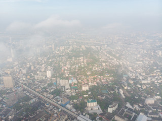Aerial view downtown city building in morning with road