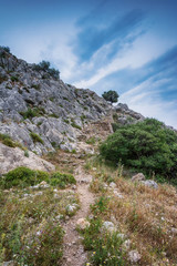 Beautiful view on nature from one of ruined castle. Rhodes island, Greece