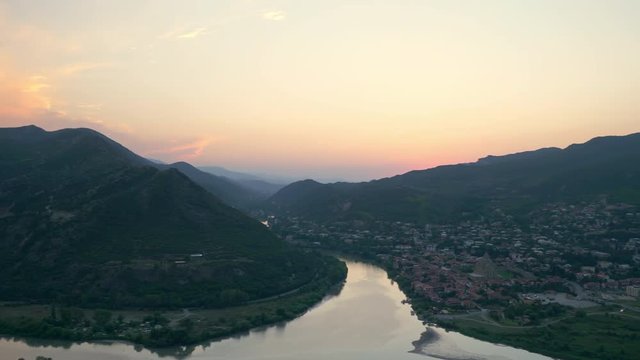 Panoramic landscape of Kura and Aragvi rivers confluence near the old Georgian town Mtskheta.
