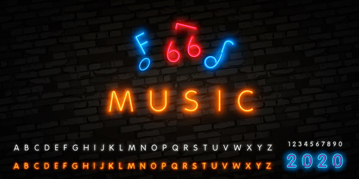 Music note neon sign. Party, disco and advertisement design. Vector realistic isolated neon retro sign of notes for decoration and covering on the wall background. Concept of music, jazz and dj