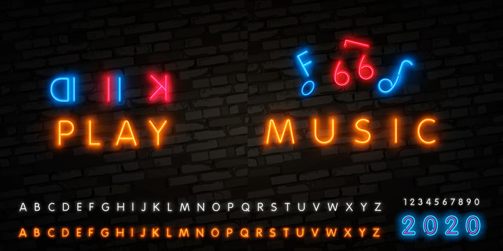 Music note neon sign. Party, disco and advertisement design. Vector realistic isolated neon retro sign of notes for decoration and covering on the wall background. Concept of music, jazz and dj