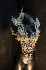 Piece made with 3d printer, is composed of white flowers that form a corset, handmade, fantasy design Baroque style