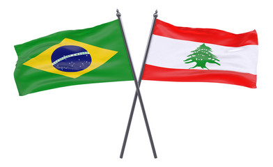 Brazil and Lebanon, two crossed flags isolated on white background. 3d image