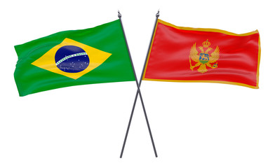 Brazil and Montenegro, two crossed flags isolated on white background. 3d image