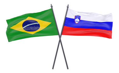 Brazil and Slovenia, two crossed flags isolated on white background. 3d image