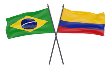 Brazil and Colombia, two crossed flags isolated on white background. 3d image