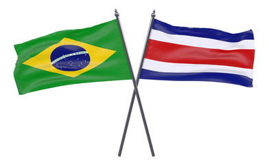 Brazil and Costa Rica, two crossed flags isolated on white background. 3d image