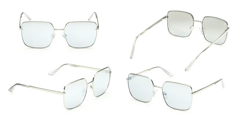 Metal sunglasses with blue Mirror Lens isolated on white background. Fashionable summer eye glasses collection. Set polarizing sunglasses